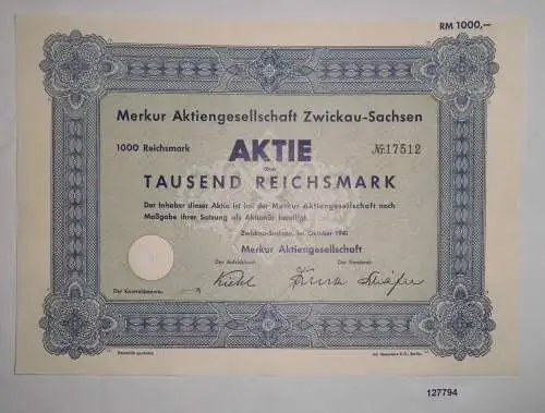 1000 RM Aktie Merkur AG Zwickau-Sachsen Oktober 1941 (127794)