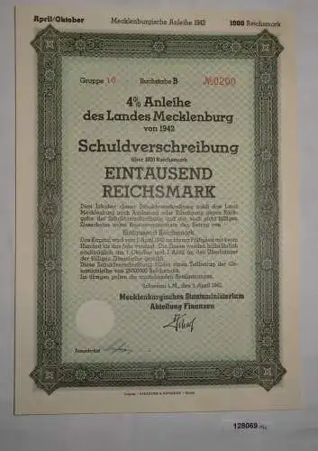 1000 RM Schuldversch. Mecklenburgisches Staatsministerium Finanzen 1942 (128069)