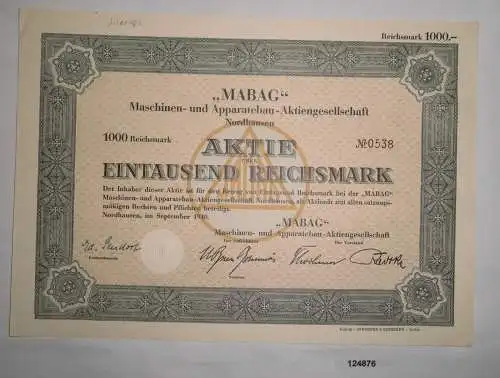 1000 RM Aktie MABAG Maschinen- & Apparatebau AG Nordhausen Sept. 1940 (124876)