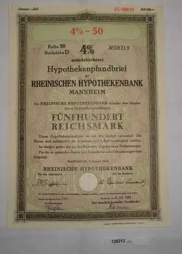 500 Reichsmark Pfandbrief Rheinische Hypothekenbank Mannheim 02.01.1943 (128212)