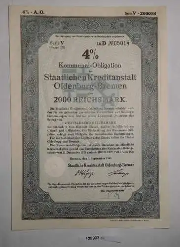2000 RM Obligation Staatliche Kreditanstalt Oldenburg-Bremen 1.Sep 1941 (128933)