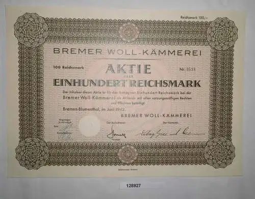 100 RM Aktie Bremer Woll-Kämmerei Bremen-Blumenthal Juni 1942 (128927)