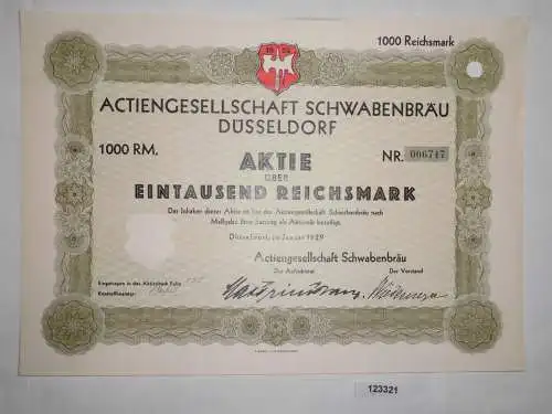 1000 Reichsmark Aktie AG Schwabenbräu Düsseldorf Januar 1929 (123321)