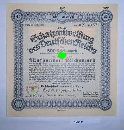 500 Reichsmark Schatzanweisung des Deutschen Reichs Berlin 6.2.1941 (128134)