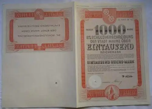 1000 Reichsmark Aktie Schuldverschreibung der Stadt Mainz 01.10.1928 (120979)