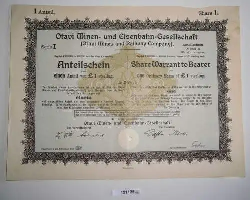 1 Pfund Aktie Otavi Minen-& Eisenbahn-Gesellschaft Berlin 12.9.1921 (131125)