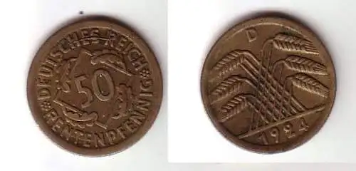 50 Rentenpfennig Messing Münze Weimarer Republik 1924 D Jäger 310 (100211)