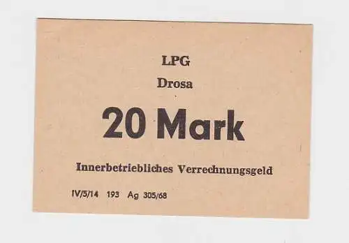 20 Mark Banknote DDR LPG Geld "Drosa" 1968 kassenfrisch  (120274)