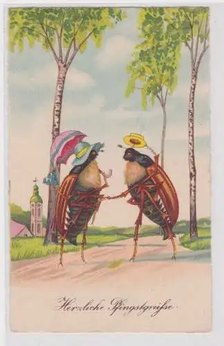 07980 Künstler Ak Herzliche Pfingstgrüße, 2 Junikäfer begrüßen sich Hut zückend