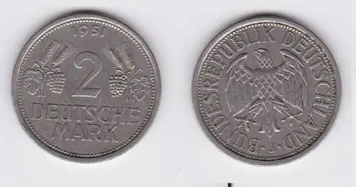 2 Mark Nickel Münze BRD Trauben und Ähren 1951 J (130429)