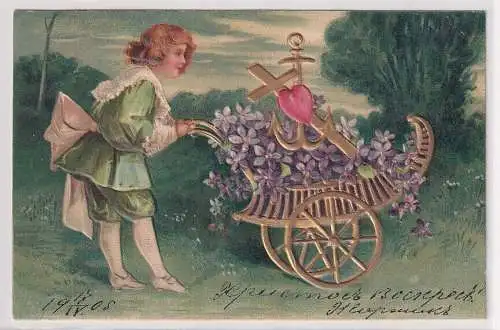 09631 geprägte Ak GLAUBE, LIEBE, HOFFNUNG Junge mit Vergißmeinnicht 1905