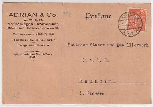 97634 Postkarte Zudruck Adrian & Co. Köln Vertretungen Immobilien 1922