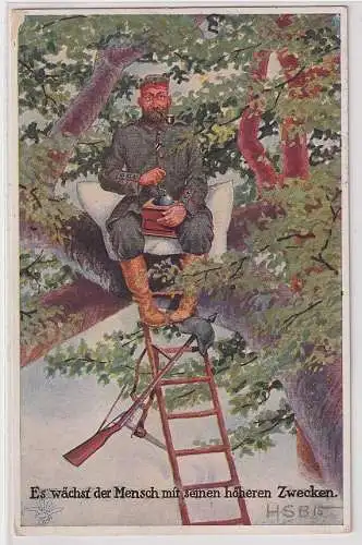 19252 Künstler Ak Militär Humor Soldat mit Kaffeemühle im Baum 1914