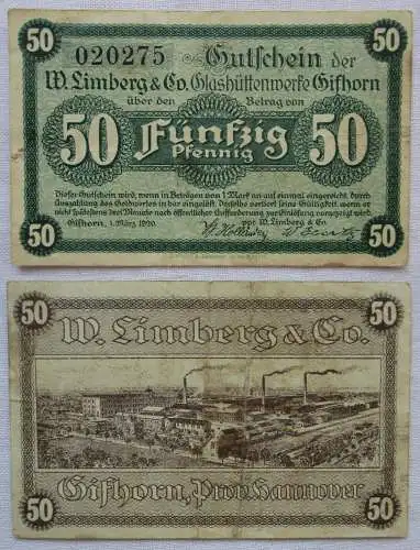 50 Pfennig Banknote Notgeld W.Limberg & Co Glashüttenwerke Gifhorn 1920 (163940)