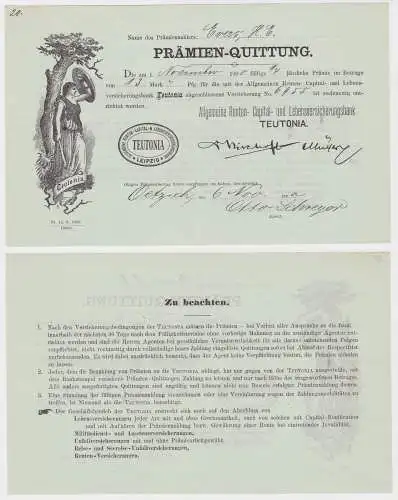 Prämien-Quittung Renten- & Lebensversicherungsbank Teutonia Leipzig 1900 /132762