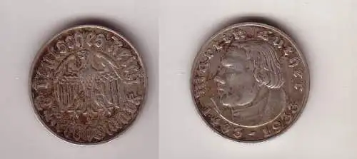 2 Mark Silber Münze 3.Reich Martin Luther 1933 A (112897)