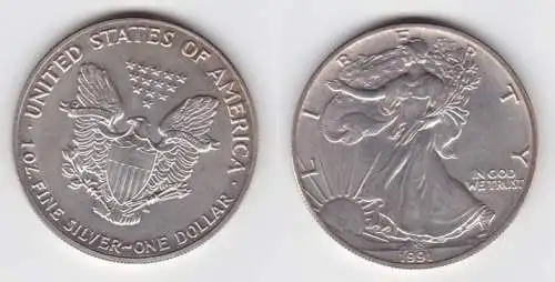 1 Dollar Silber Münze Silver Eagle USA 1991 1 Unze Feinsilber  (141378)