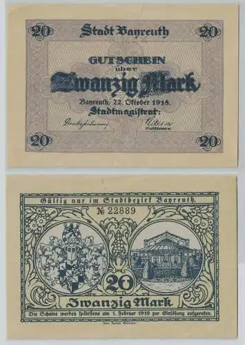 20 Mark Banknote Großnotgeld Stadt Bayreuth 22.10.1918 (153272)