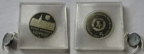 DDR Gedenk Münze 5 Mark Leipzig altes Rathaus 1984 PP verplombt (153402)