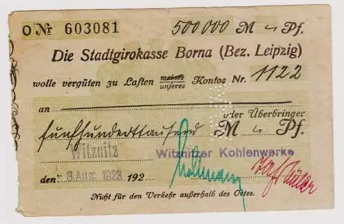 Firmenscheck 500000 Mark Banknote Stadtgirokasse Borna 3.8.1923 (120890)