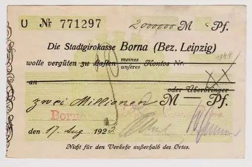 Firmenscheck 2 Millionen Mark Banknote Stadtgirokasse Borna 17.08.1923 (120366)