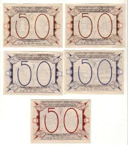 5 Banknoten 50 Pfennig Notgeld Kreis Liebenwerda 1921 (116747)