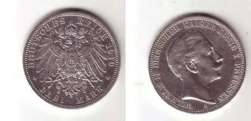 3 Mark Silbermünze Preussen Kaiser Wilhelm II 1910 Jäger 103  (115713)