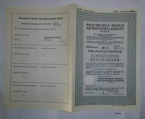 1000 Mark Aktie Braunkohlen Benzin AG Berlin Juli 1938 (131918)