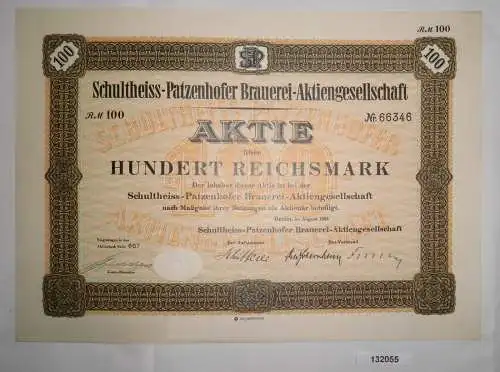 100 Mark Aktie Schultheiss Patzenhofer Brauerei in Berlin August 1932 (132055)