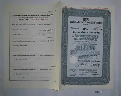 500 Mark Aktie AKA AG für Kraftstoff Anlagen Dresden November 1941 (131911)