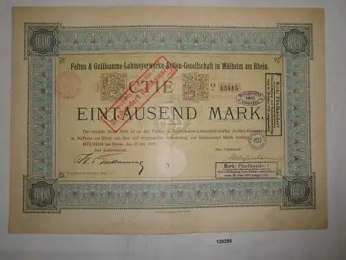 1000 Mark Aktie Felten & Guilleaume-Lahmeyerwerke AG Mühlheim 27.5.1905 (128285)