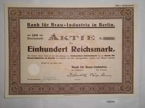 100 Mark Aktie Bank für Brau Industrie in Berlin März 1933 (132214)