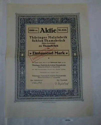 1000 Mark Aktie Thüringer Malzfabrik Schloß Thamsbrück 2. Oktober 1922 (129354)