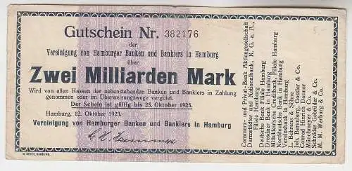 2 Milliarden Mark Banknote Vereinigung von Hamburger Banken 25.10.1923 (112923)