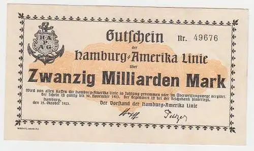 20 Milliarden Mark Banknote Hamburg Amerika Linie HAPAG 25.10.1923 (113636)
