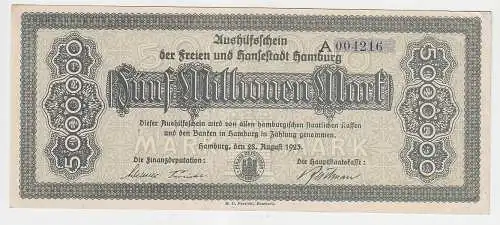 5 Millionen Mark Banknote Aushilfsschein Hansestadt Hamburg 28.08.1923 (112200)