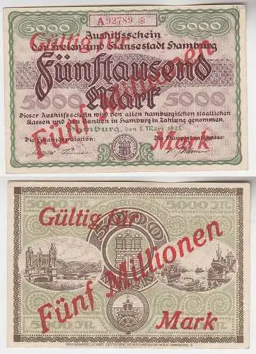 5 Millionen Mark Banknote Aushilfsschein Stadt Hamburg 1923 KN 5stellig (116162)