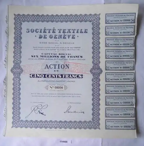 seltene Aktie Société textile de Genéve 500 Francs 27.Januar 1936