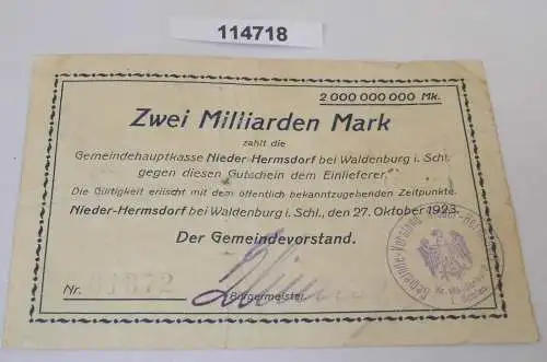 2 Milliarden Mark Banknote Inflation Nieder Hermsdorf bei Waldenburg  (114718)