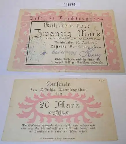 20 Mark Banknote Gutschein Notgeld Distrikt Berchtesgaden 29.April 1919 (115175)
