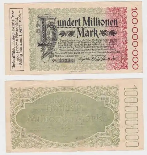 100 Millionen Mark Banknote Inflation Regierungsbezirk Trier 10.10.1923 (117497)