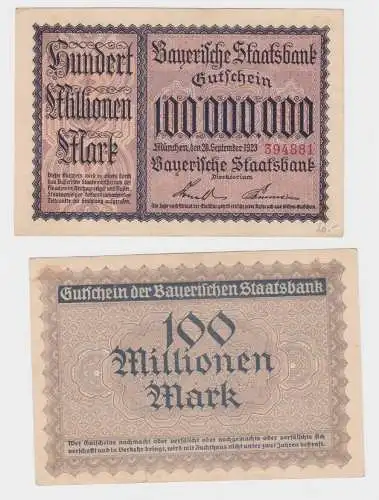 100 Millionen Mark Banknote Bayerische Staatsbank München 20.9.1923 (153073)