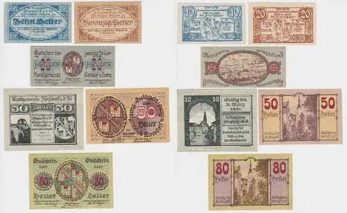 6x 10, 20, 50 und 80 Heller Banknote Kirchdorf an der Krems (135733)