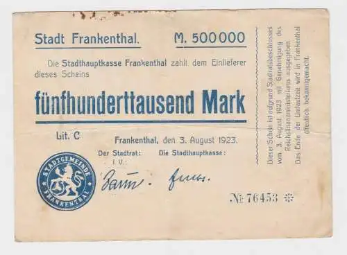 500000 Mark Banknote Inflation Stadt Frankenthal 3.8.1923 (153739)