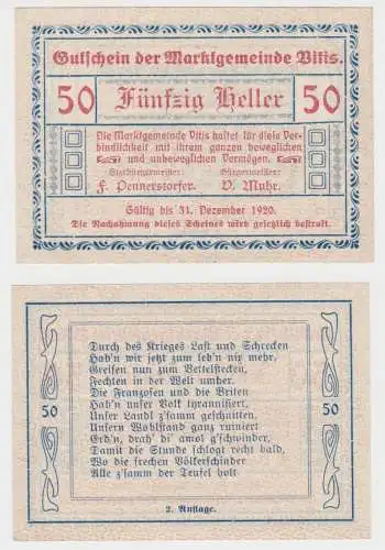 50 Heller Banknote Marktgemeinde Vitis 1920 (154512)