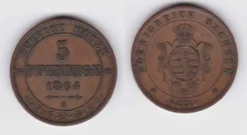 5 Pfennig Kupfer Münze Sachsen 1864 B ss (143084)