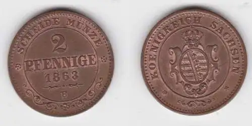 2 Pfennig Kupfer Münze Sachsen 1863 B vz+ (143404)
