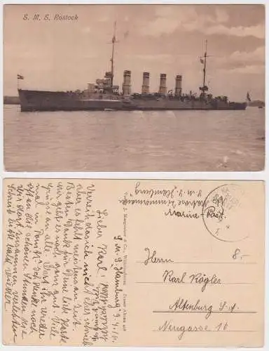 901287 Feldpost Ak kleiner Kreuzer S.M.S. Rostock mit MSP 1916
