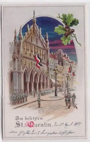 902022 Militär AK Im besetzten St. Quentin, Soldaten Aufmarsch.1.Weltkrieg