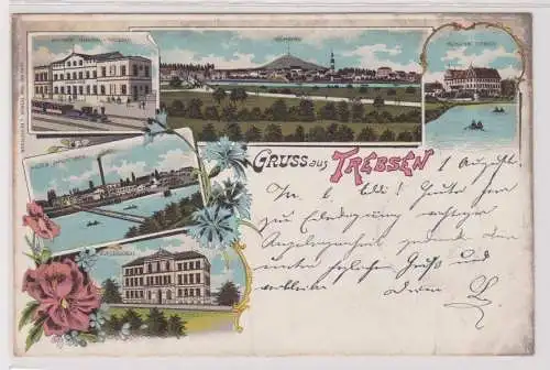 29224 Ak Lithographie Gruß aus Trebsen Bahnhof, Papierfabrik usw. 1901